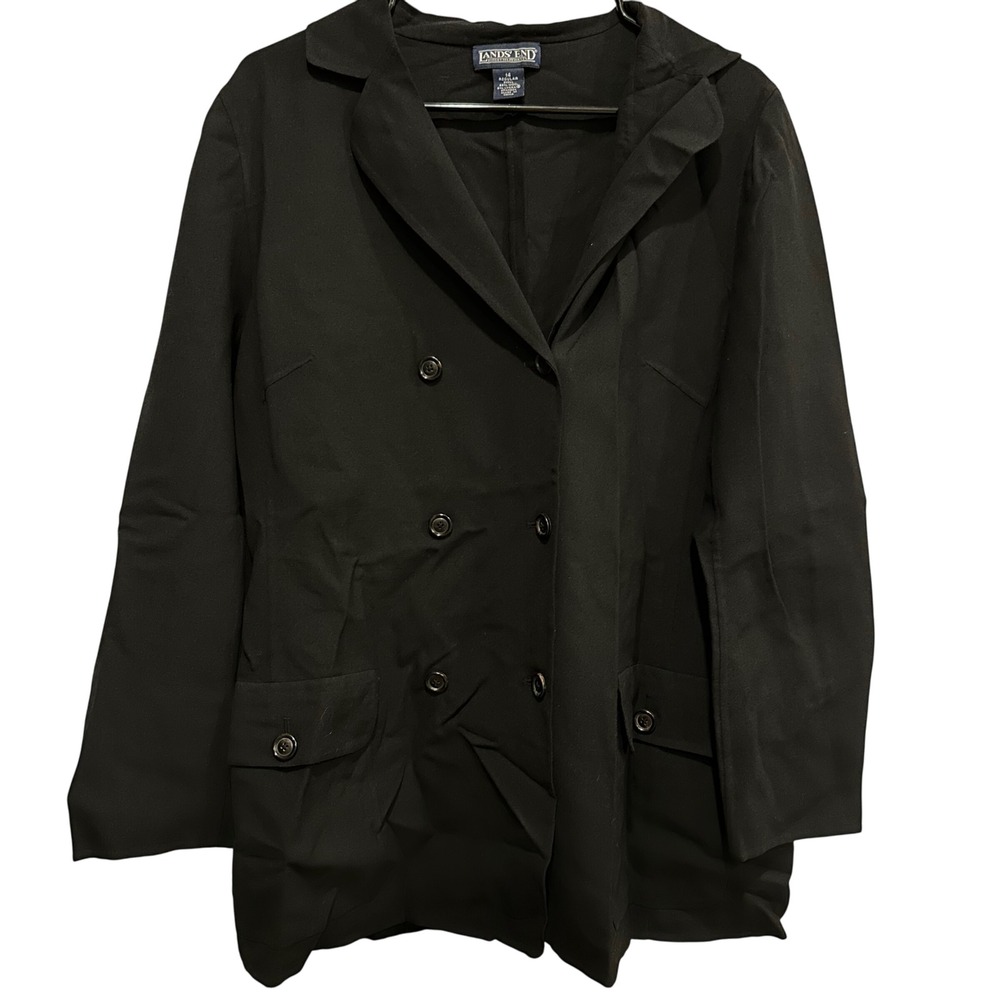 Lands End Double Breasted Black‎ Wool Blend Blazer Light Jacket Women's Size 14
